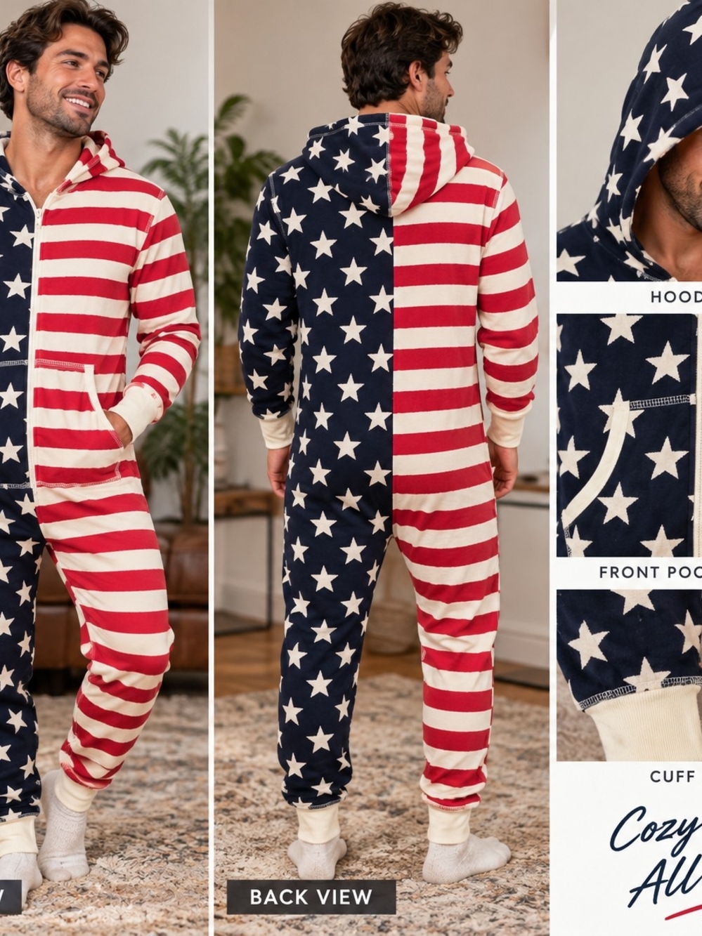 Lazy One Stars Stripes Onesie Pajamas Adult Small USA Flag Union Suit Hooded